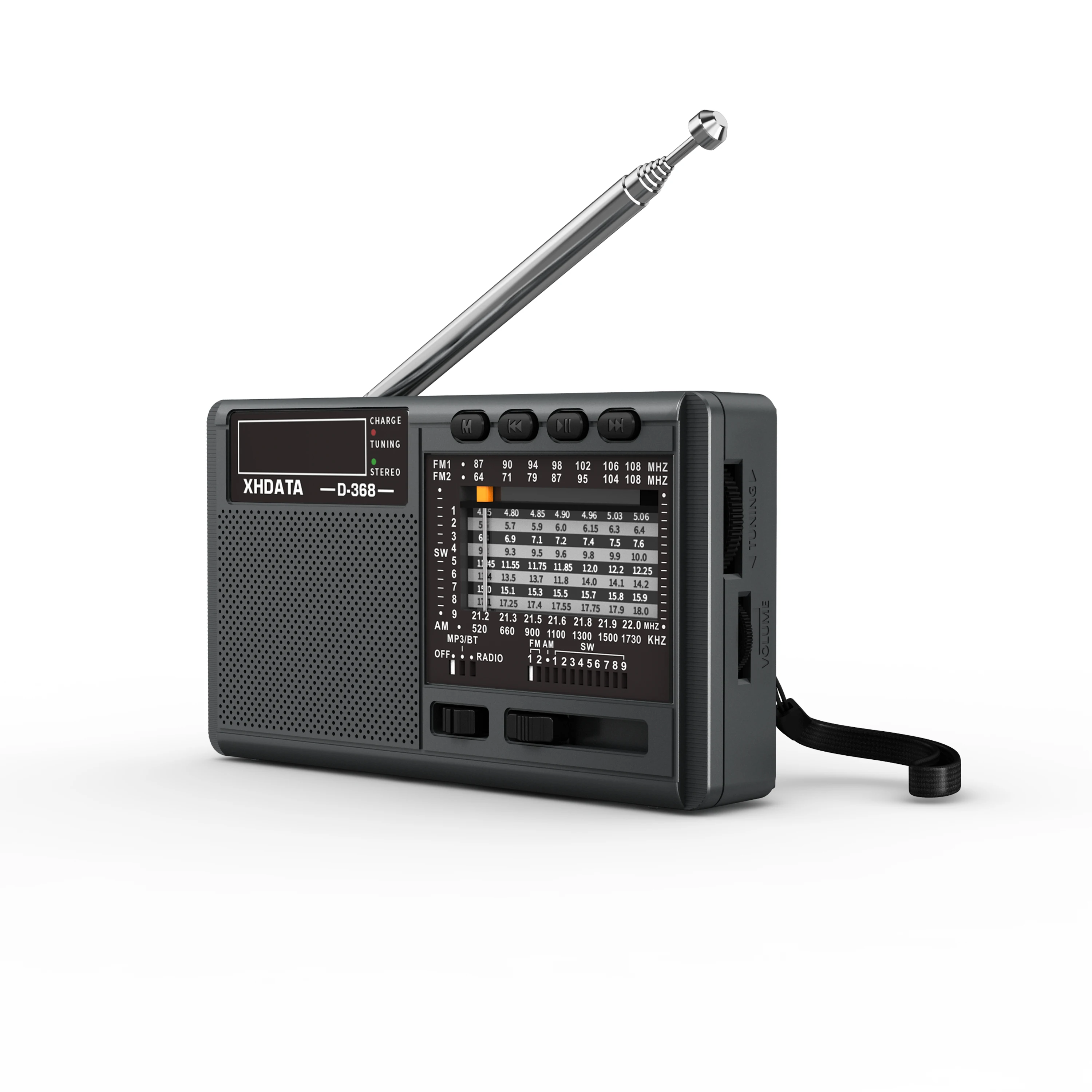 Xhdata D-368 rádio fm bt portátil am fm sw 12 bandas receptor de rádio estéreo bolso sem fio bluetooth-compatível usb tf mp3 player