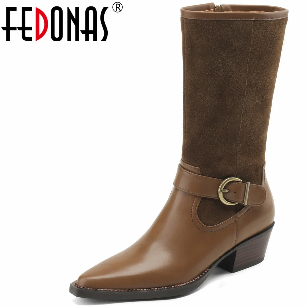 

FEDONAS 2024 Women Mid-Calf Boots Splicing Genuine Leather Shoes Woman Pointed Toe High Quality Retro Office Lady Autumn Winter