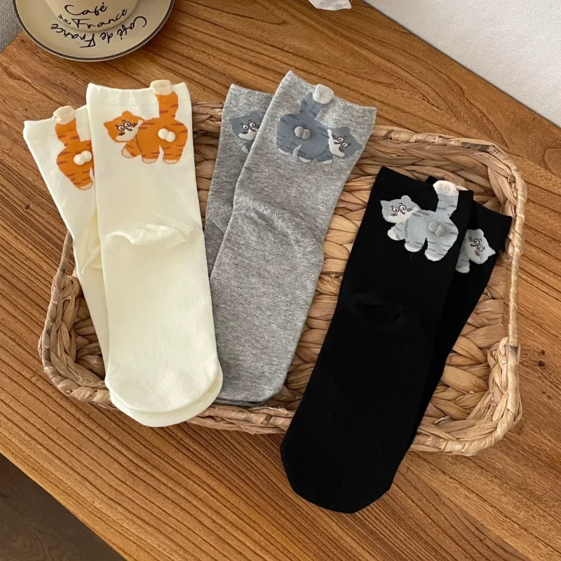 

3Pairs/Set Women Cat Printed Three Dimensional Mid Tube Socks Sweat Absorbing Breathable Soft Casual Socks for Couples 3 colors