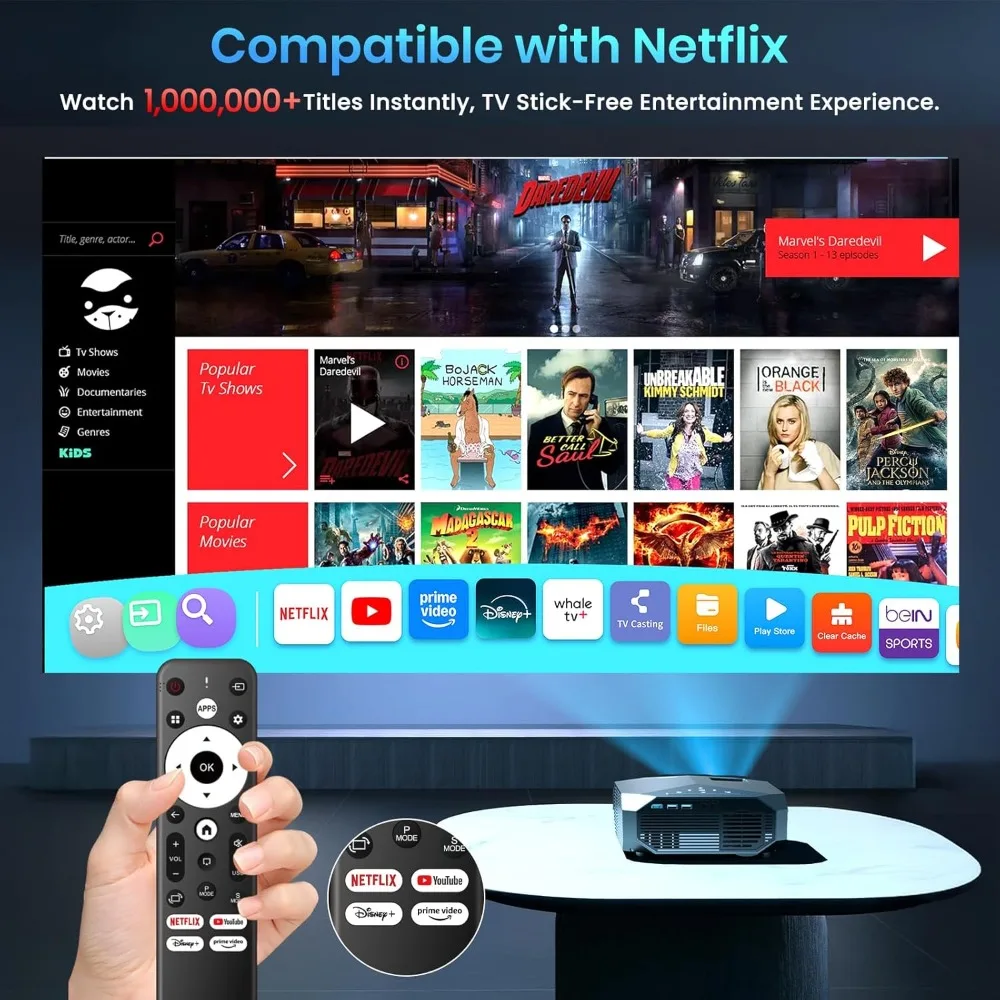 4K Smart WiFi 6 Bluetooth Projector Outdoor Movie Portable for Netflix YouTube Prime Video HDMI USB iOS Android