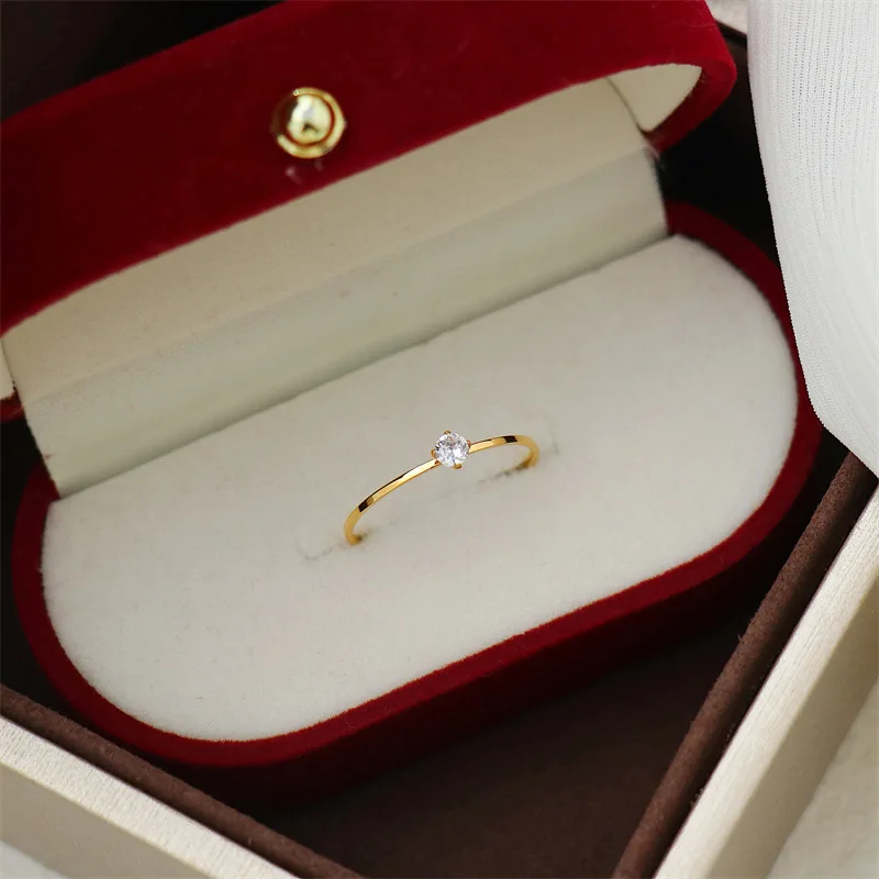 PVD Plated Women Six Claw Zircon Golden Colour Wedding Engagement Dainty Ring Stainless Steel Zircon Romantic Fashion Jewelry