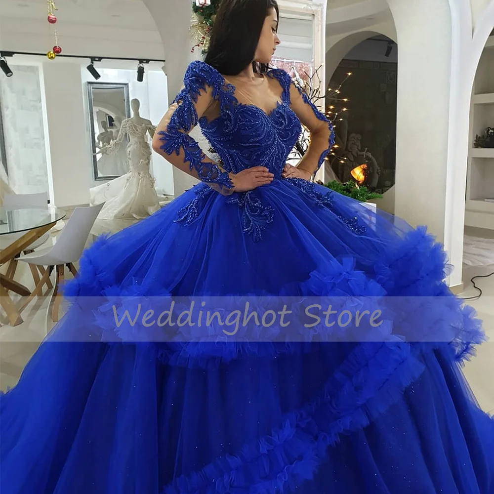 Quinceanera Dress Ball Gown Dark Royal Blue Tulle Long Sleeve Luxury Quinceanera Gown Sheer Scoop Applique Girl's Sweet 16 Dress