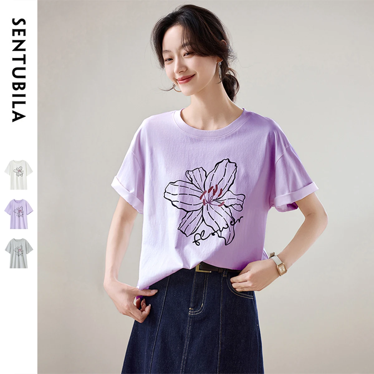

SENTUBILA Oversized Short Sleeve T-Shirt Women's 2025 Summer Graphic Print Tee Loose Crew Neck Cotton Casual Top women G52T80397