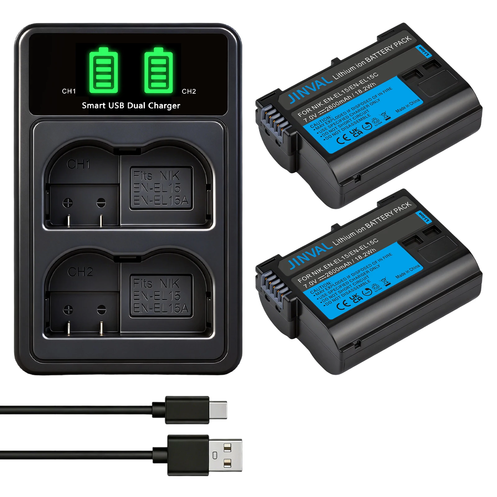 EN-EL15 2600mAh Li-ion Battery ENEL15A ENEL15C Batteries+PD 20W Fast Dual Charger for Nikon Z5 Z6 Z7 D7000 D7100 D7200 D850 D800