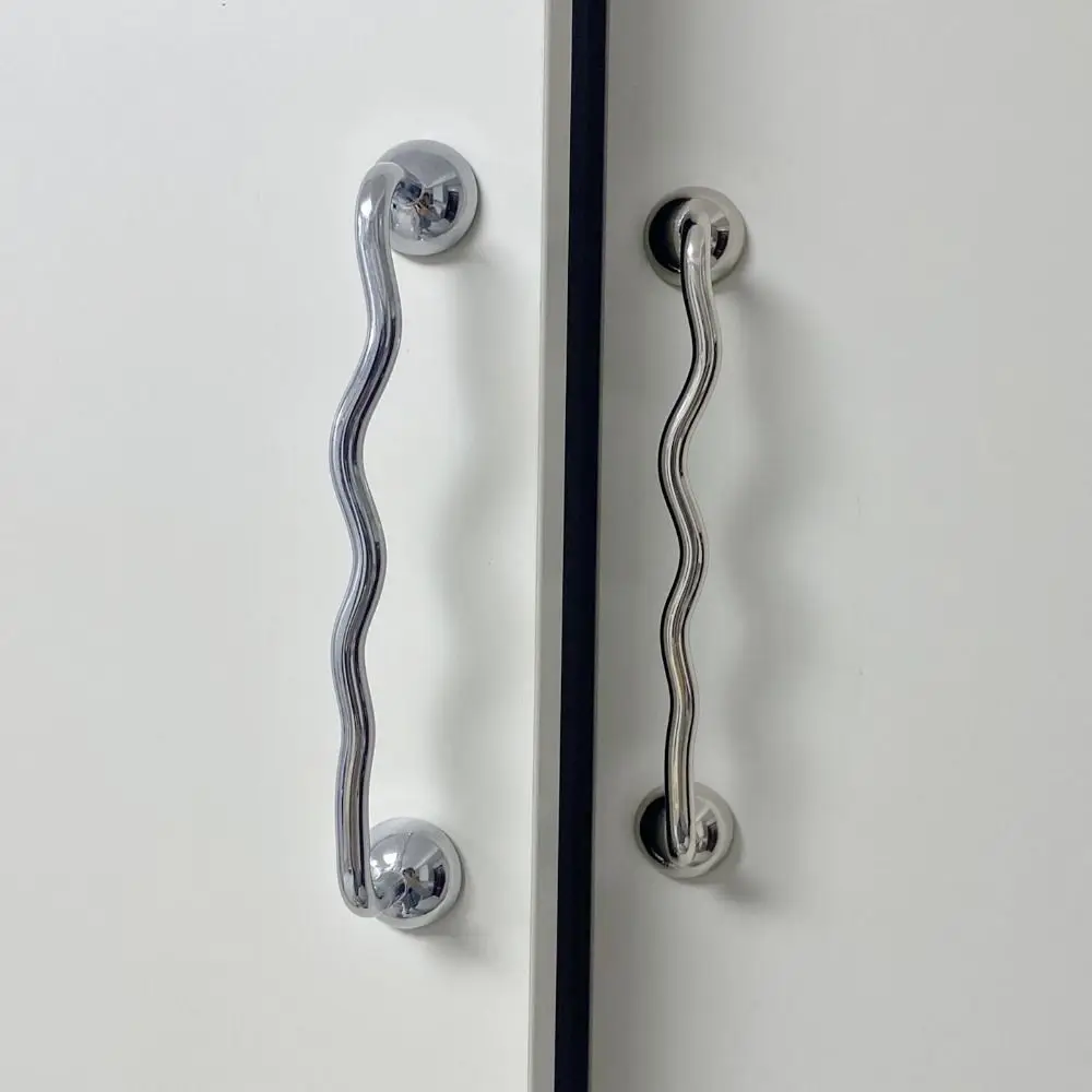 Zinc Alloy Cabinet Door Handles Wave Shaped Irregular Shape Wardrobe Pulls Modern Minimalist Bright Silver Cabinet Bar Pulls