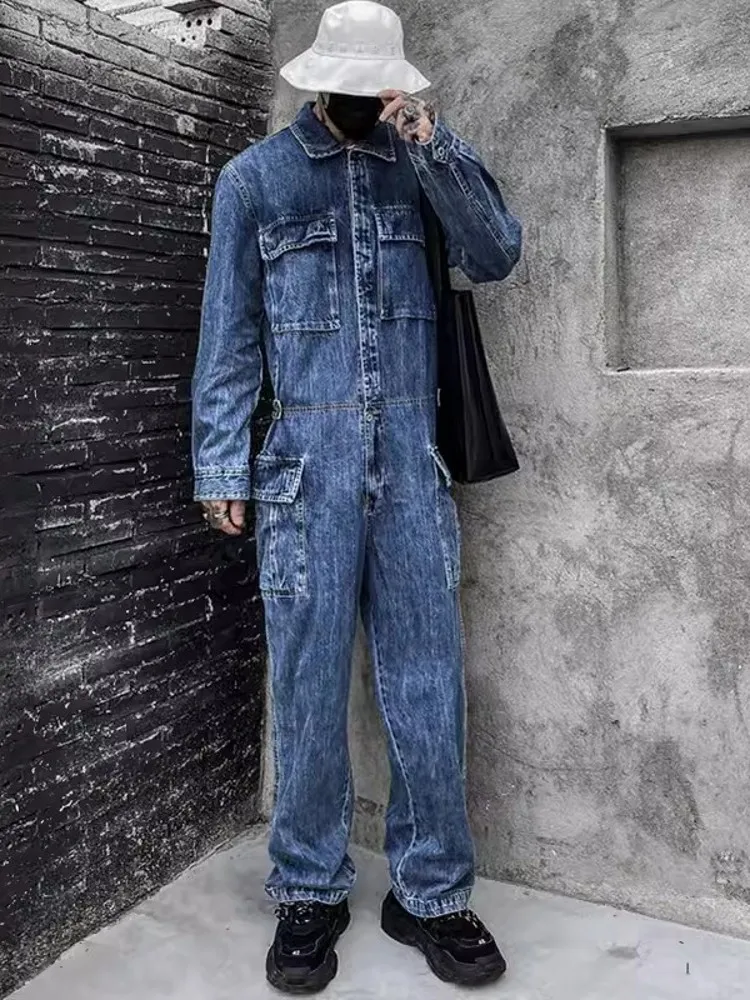 Fashion Mens One Piece Jumpsuit Long Sleeve Multi Pockets Cargo Pants Hip Hop Men Spring Autumn Overalls Vintage Denim Jumpsuit