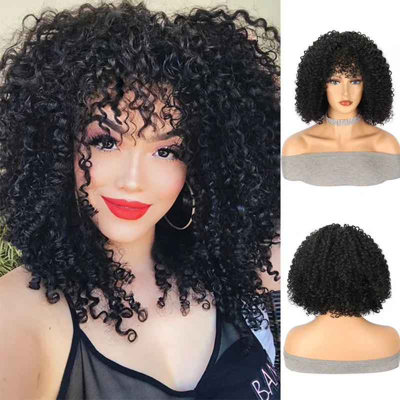 

Synthetic Short Curly Afro Wig With Bangs Kinky Curly Wigs for Black Women Fiber Soft Hair Deep Curly Natural Black Color