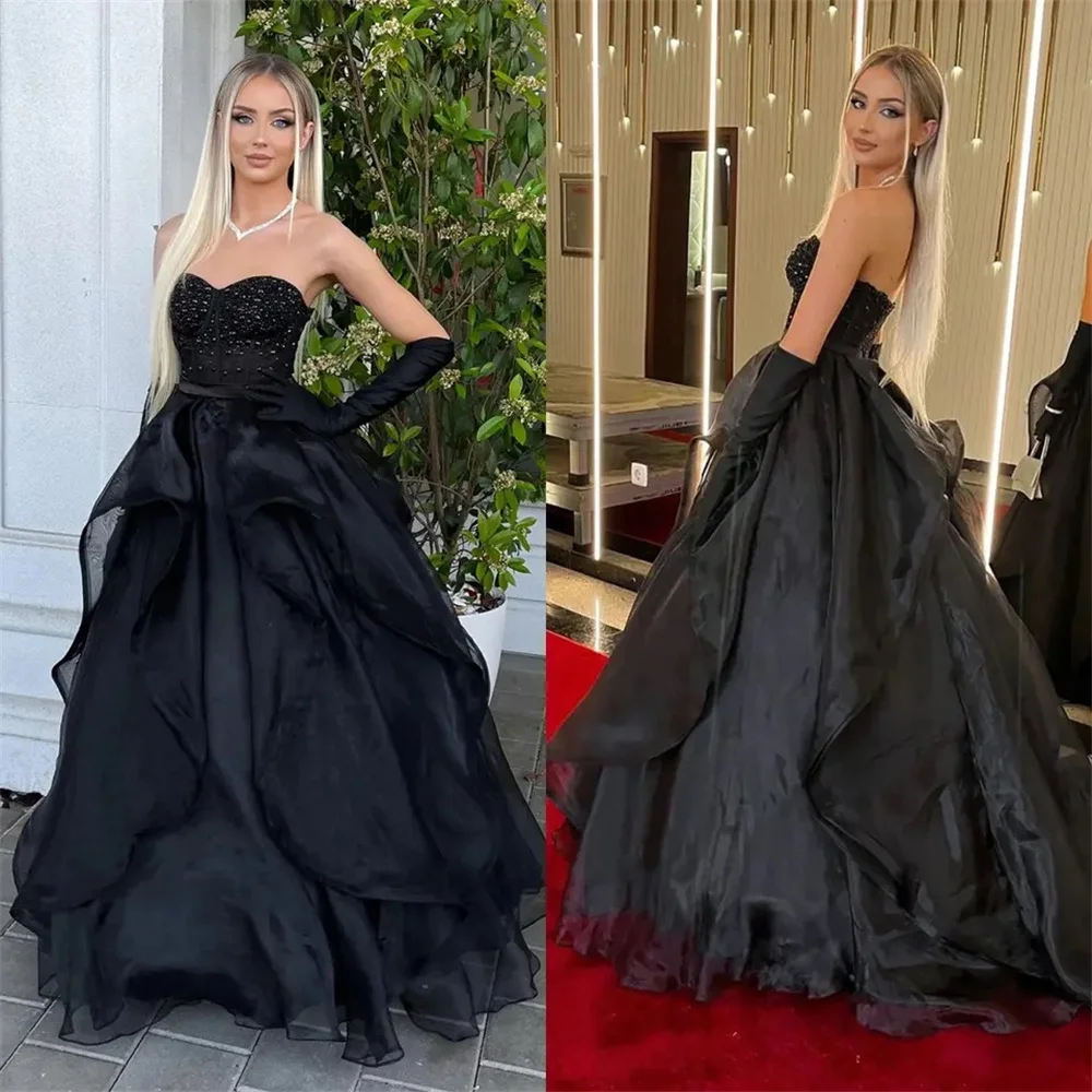 Jessica Gothic Black Graduate Prom Dresses Glitter Tulle Ruffles Evening Dresses Sexy Strapless Fairy Party Dresses 2024