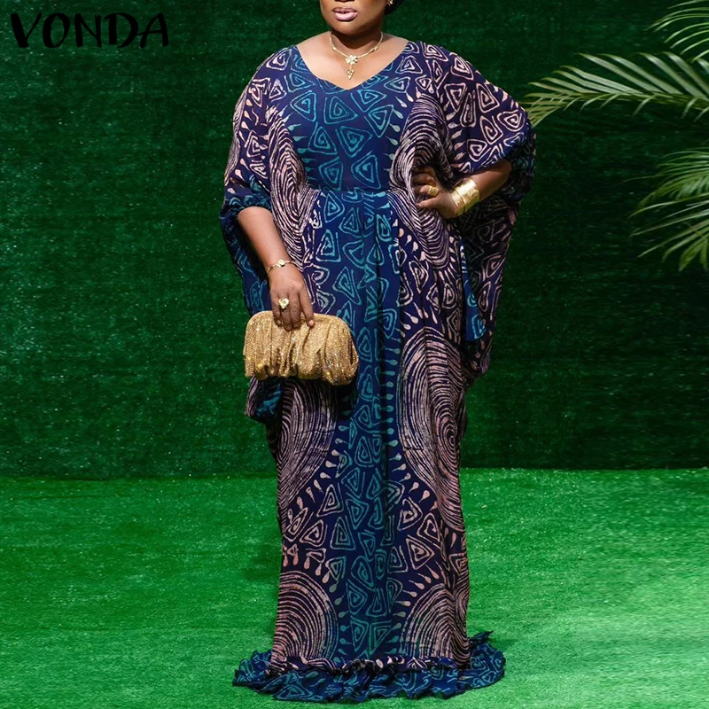 

Женское богемное макси-платье VONDA 2026 с принтом, летний сарафан в винтажном стиле с рукавами «летучая мышь», повседневное свободное платье-рубашка оверсайз