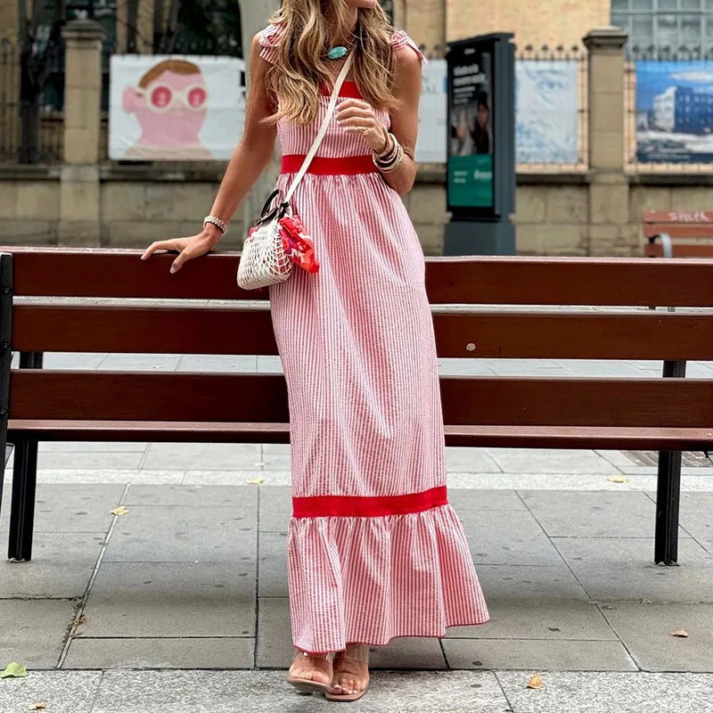 Casual Pleated Swing Long Dress 2024 Bow Suspenders Sleeveless High Waist Dress Lady Fashion Striped Color Blocked Holiday Dress