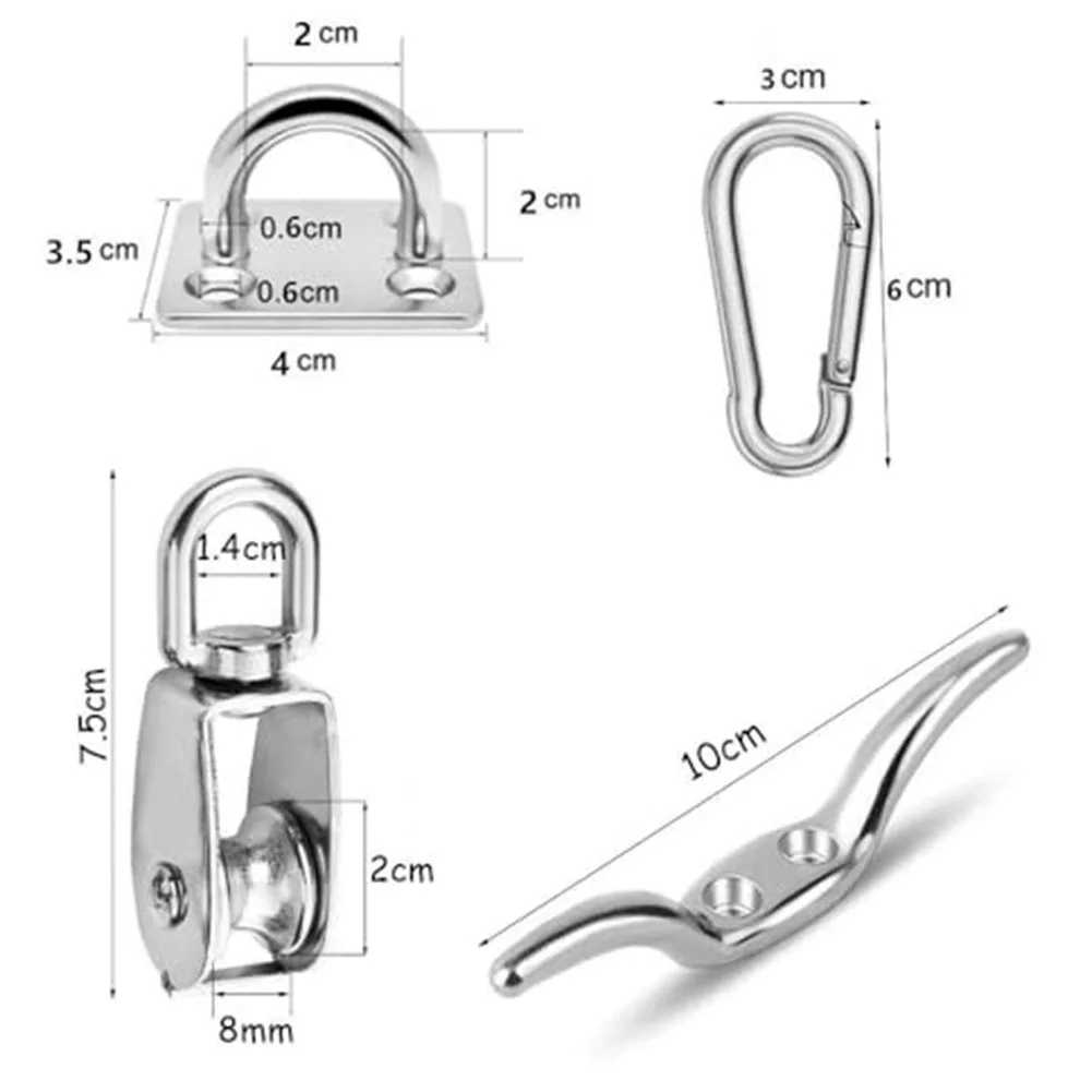 M20 Stainless Steel Pulley Block With Nylon Rope,Carabiners,Eye Pad Plates,Cleat Hooks For Garage,Garden,Boat,Home Towing Wheel