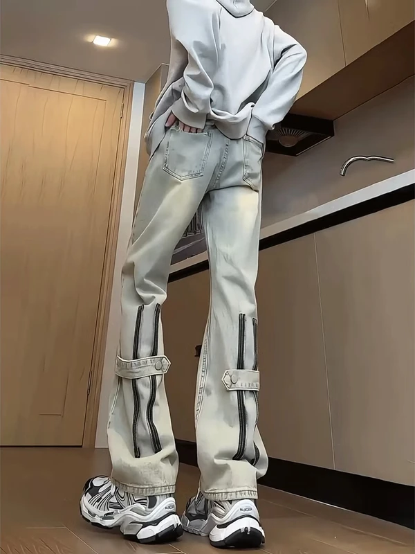 

Мужские летние джинсы в стиле ретро, прямые, с расклешенным низом, в американском стиле High Street, повседневная одежда, тренд сезона