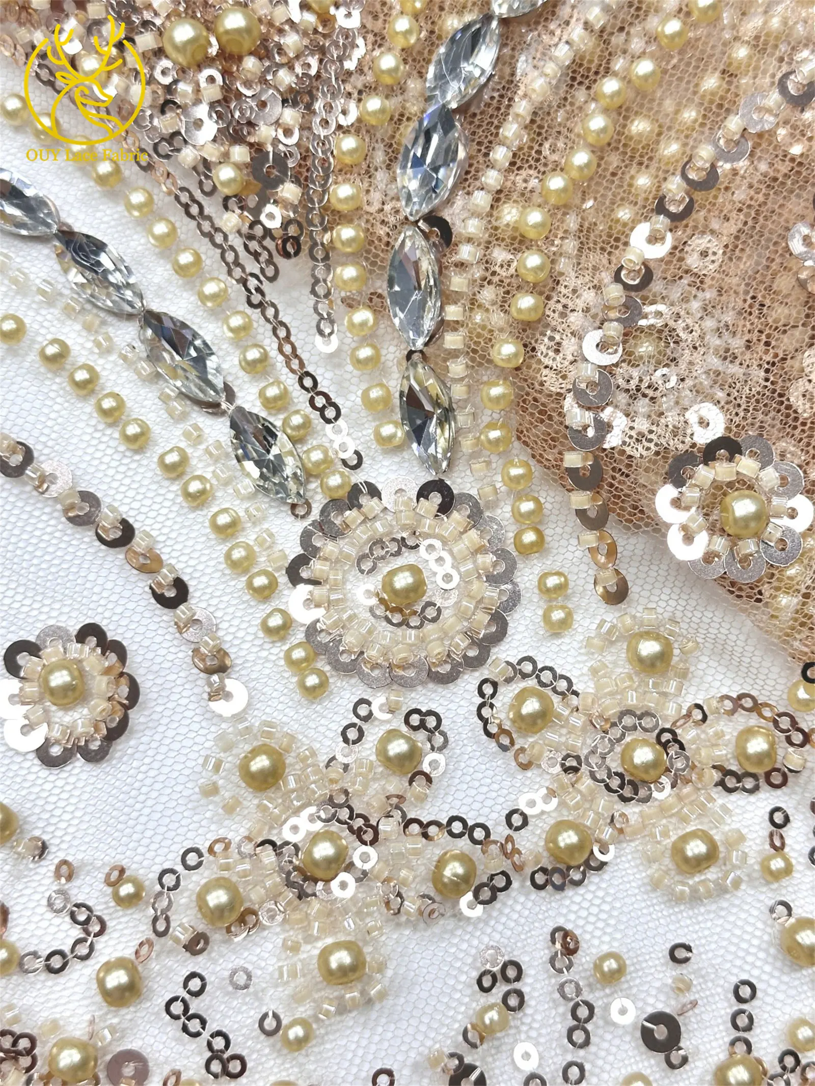 Luxuriöser königlicher lila afrikanischer handgefertigter Perlen-Spitzenstoff, französischer Pailletten-Stein-Tüll-Spitzenstoff für Hochzeitskleid-Design – Detail 21