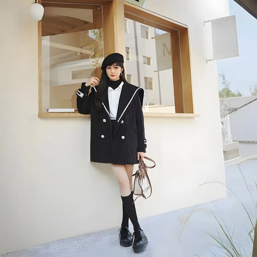 

plus Size Women's Navy Collar Woolen Coat Autumn Winter Outerwear 130-320 Size Fat Sister French Style