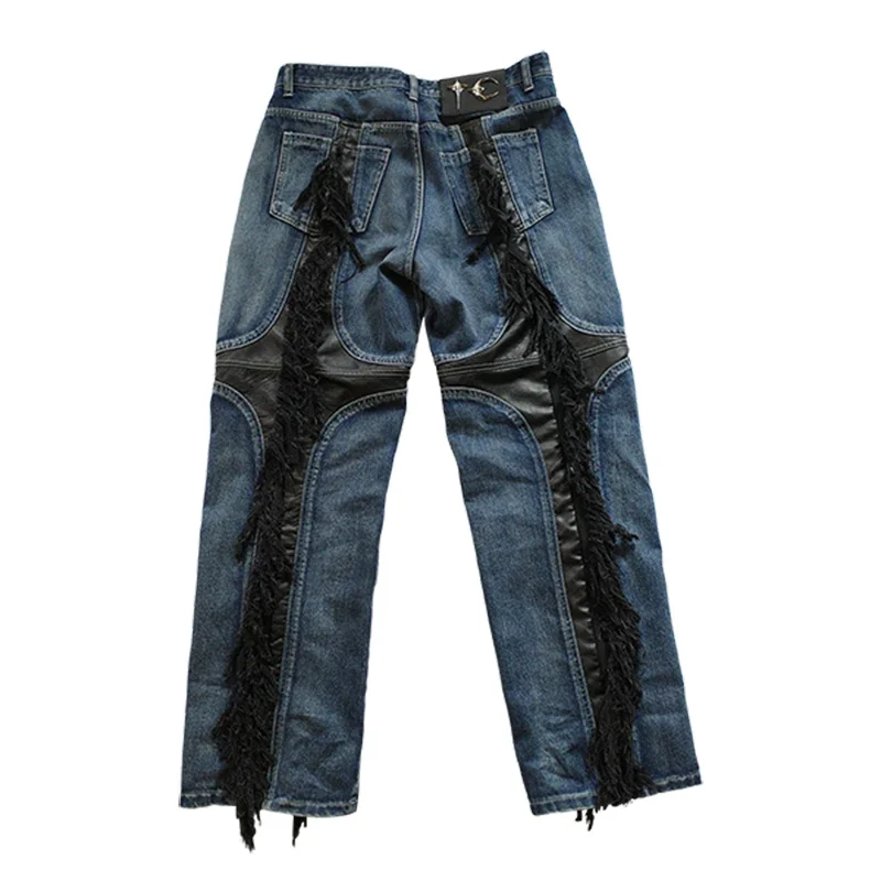 High Street Heavy Industry Color Match Tassel Patchwork Baggy Jeans Męskie i damskie proste, zgrywanie Casual Denim Trousers