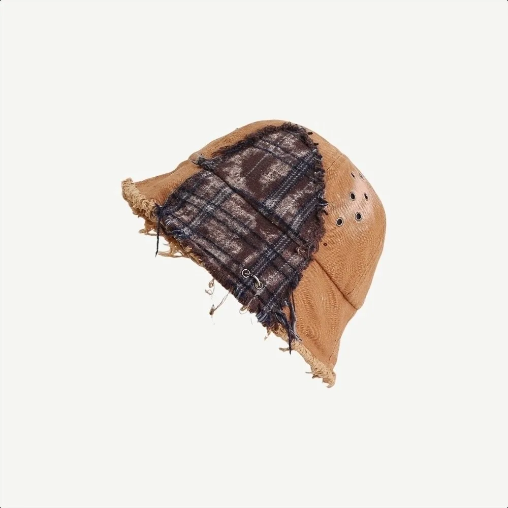 

Niche Japanese Plaid Bucket Hat Patched Beggar Style Retro Fisherman Hat Splicing Bule Sun Protection Basin Cap Unisex