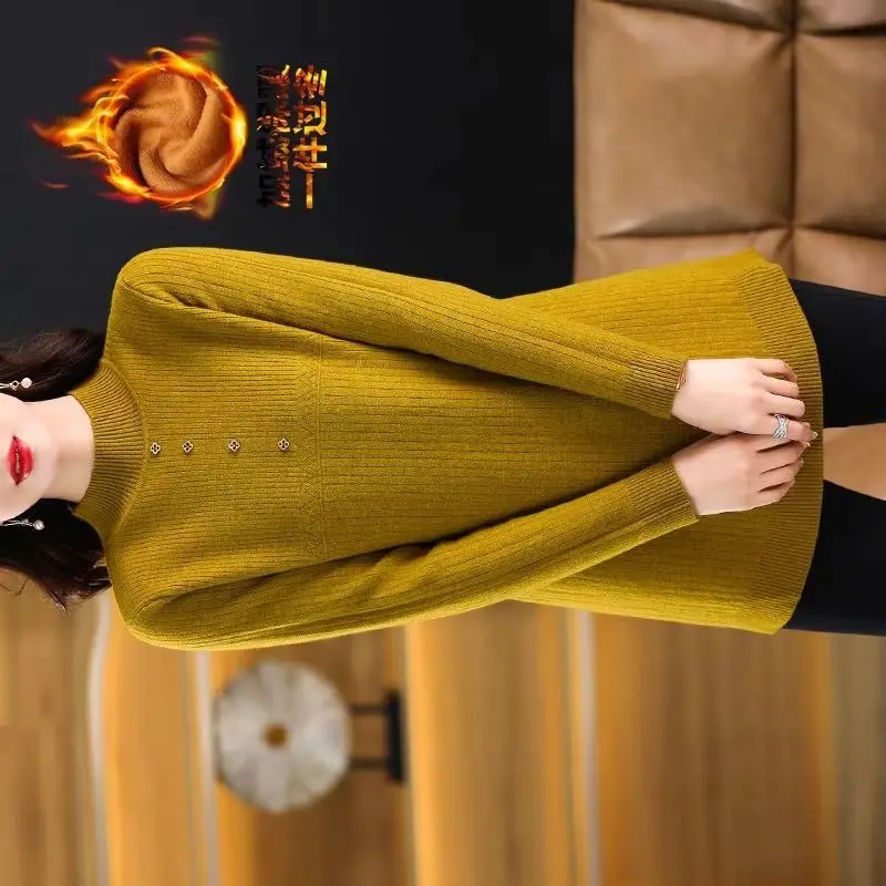

High-quality Sweater Women New Coat Autumn Winter Plus Velvet Mother Pullover Loose Bottoming Top Long Knitwear Dress Ladies