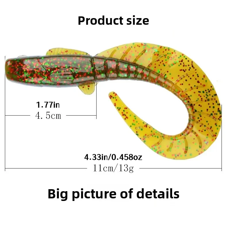 1–10 Stück große lockige Schwanzgrube, weiche Köder, 11 cm, Silikonwürmer, Maden, Köder, 13 g, weiche Angelköder für Barsch/TopmouthCulter/Mandarine – Detail 4