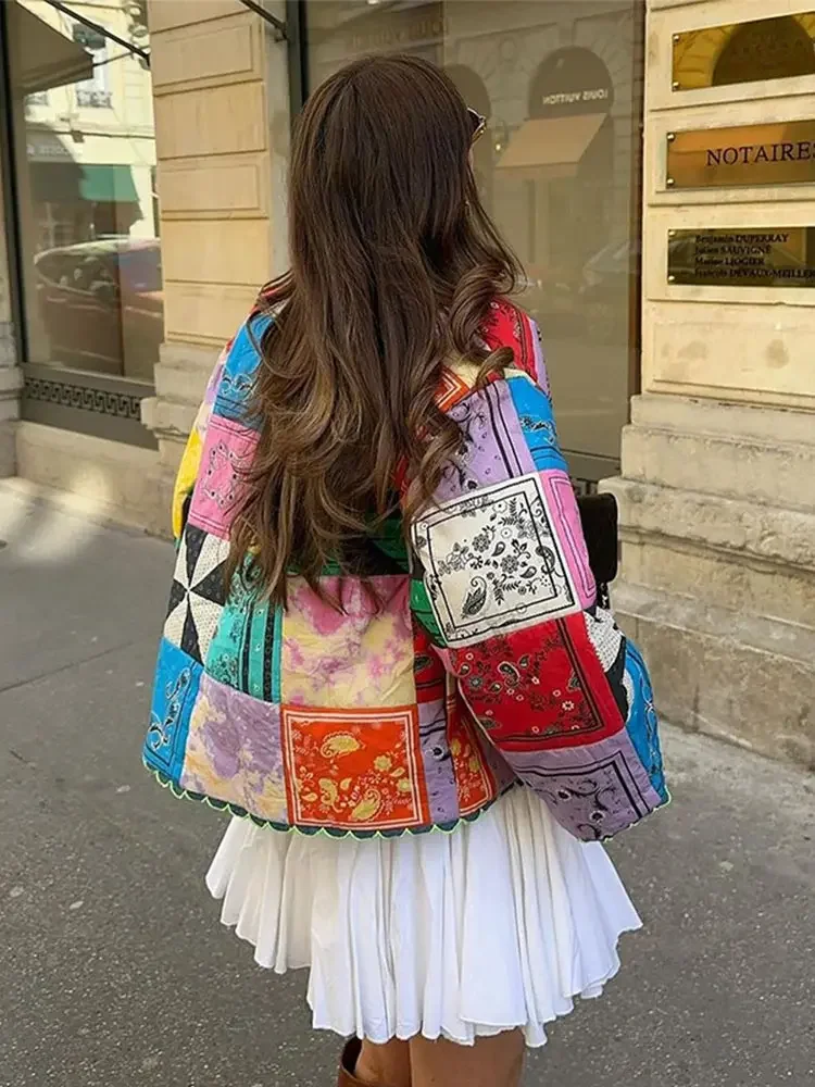 Chaqueta de algodón acolchada con estampado en contraste para mujer, abrigo informal de manga larga con borde de volantes, ropa de abrigo Retro