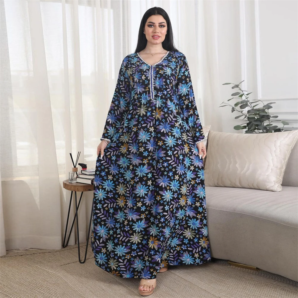 

Floral Print Abayas for Women Eid Ramadan Muslim Maxi Dress Morocco Kaftan Islamic Gulf Jalabiya Robe Caftan Dubai Turkey Abaya