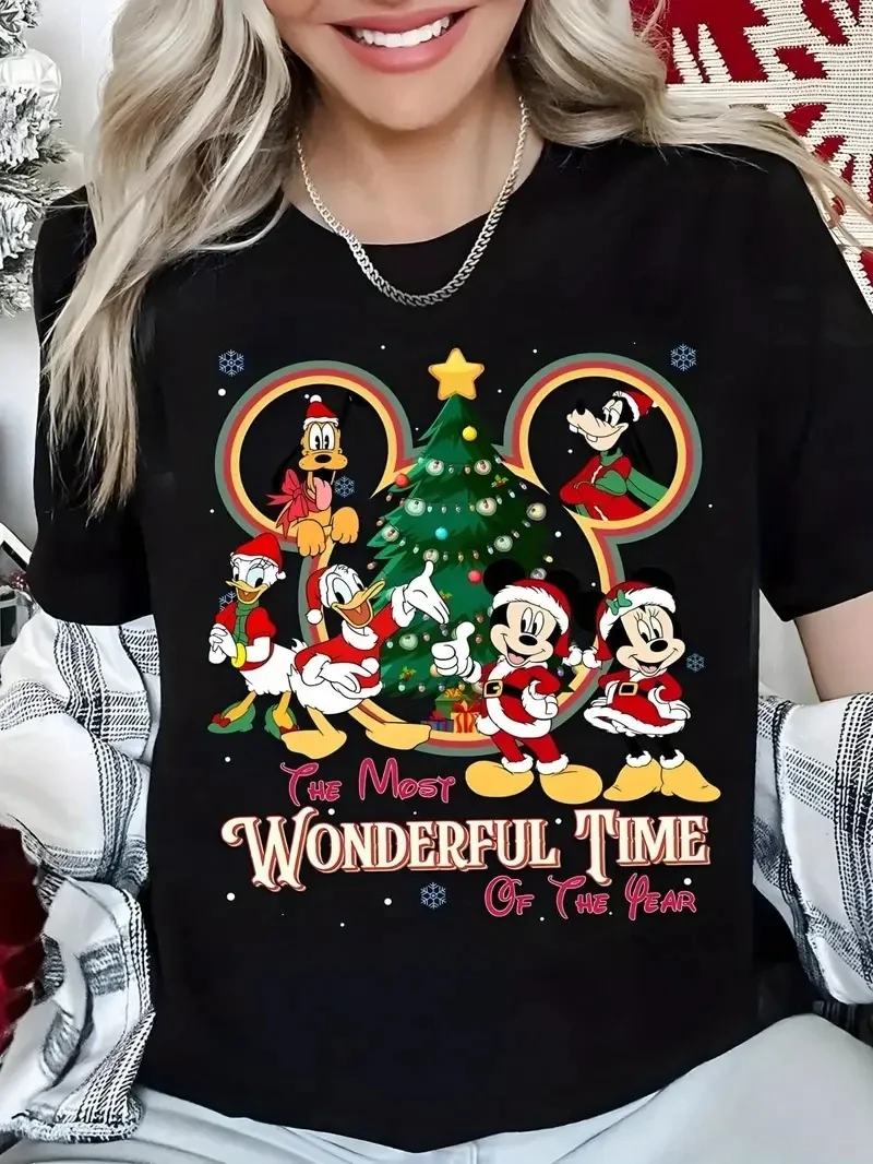 

2025 Disney Pattern Printed Women's Casual Comfortable Unique Smiling Face Black Round Neck Short Sleeve T-shirt