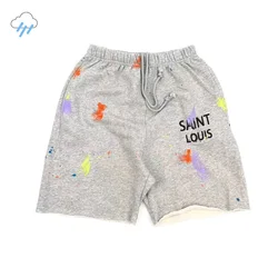 Men Women Couple Casual Splash Ink Graffiti Saint Louis Shorts Best Quality Cotton Drawstring Vintage Gray Oversized Breeches