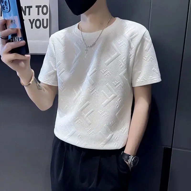 Short Sleeves T-shirt Men Print Jacquard Thin New Bottom Shirt Korea Loose Round Neck  Tees White Sweatshirt Design Tops