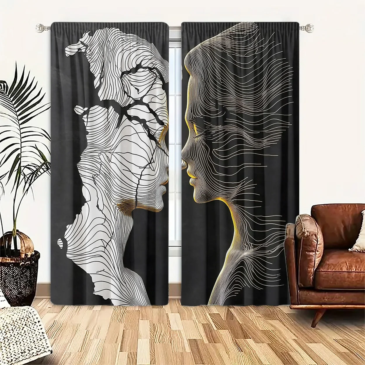 Modern Abstract Line Art Curtains Black White Profile Window Drapes Contemporary Artistic Home Decor Accent Curtains