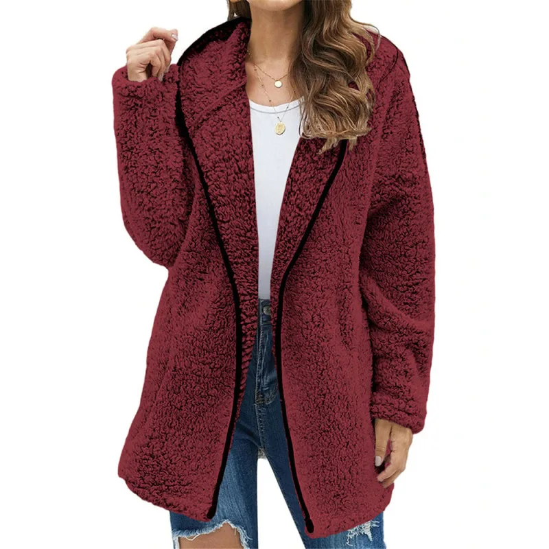 2022 outono inverno nova moda sólida zip up jackets feminino elegante com capuz grosso quente casacos de lã senhoras casual fofo cardigans