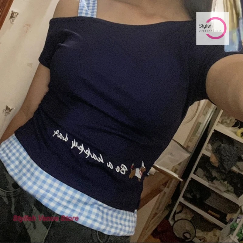 

Korean-style pure wind spice girl plaid splicing short-sleeved T-shirt women's new summer design diagonal shoulder slim top