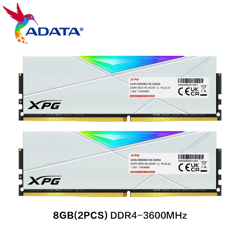 ADATA XPG SPECTRIX D50 DDR4 RGB Memory Module 2x32GB 2x16GB 2x8GB 3600MHz U-DIMM PC4-28800 RAM White High Speed for Desktop