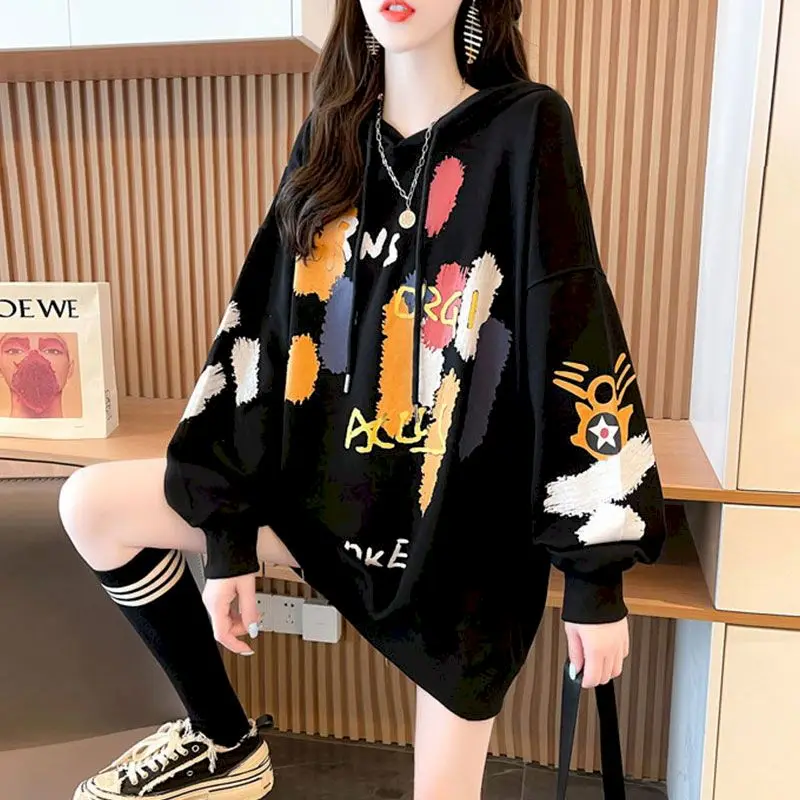 Fashion Graffiti Print Hoodies Women Spring Autumn Trend Thin Hooded Jackets Loose Oversized Hoodie Casual All-match Coats Woman