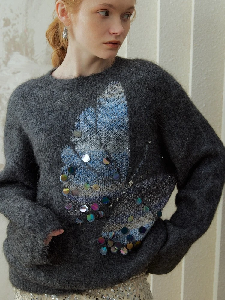 

Gray Fuzzy Knit Sweater with Sequin Butterfly Embellishment Elegant Soft Knit Pullover 2025 Fall/Winter Knitwear Jumper