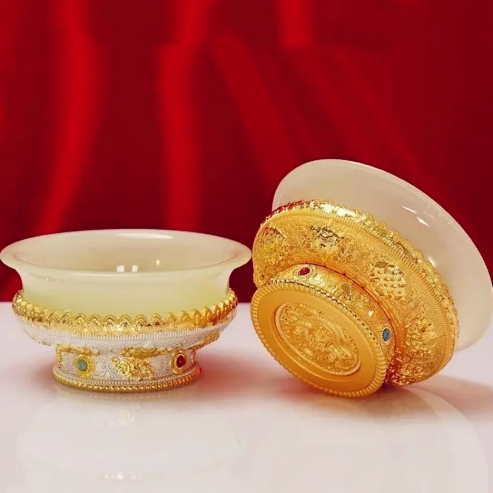 

Golden Tibetan Bowl Zinc Alloy Tantric Holy Water Cup 10cm Large Size Engraved Buddhist Stone Bowl Gift Desktop Decorative