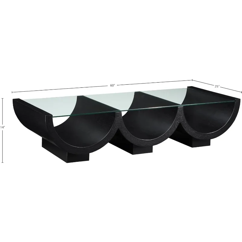 99023Black-CT Beverwil Collection Art Deco Coffee Table with Rich Black Finish, Natural Oak Veneer, Glass Top, 60" W x 25" D x 1