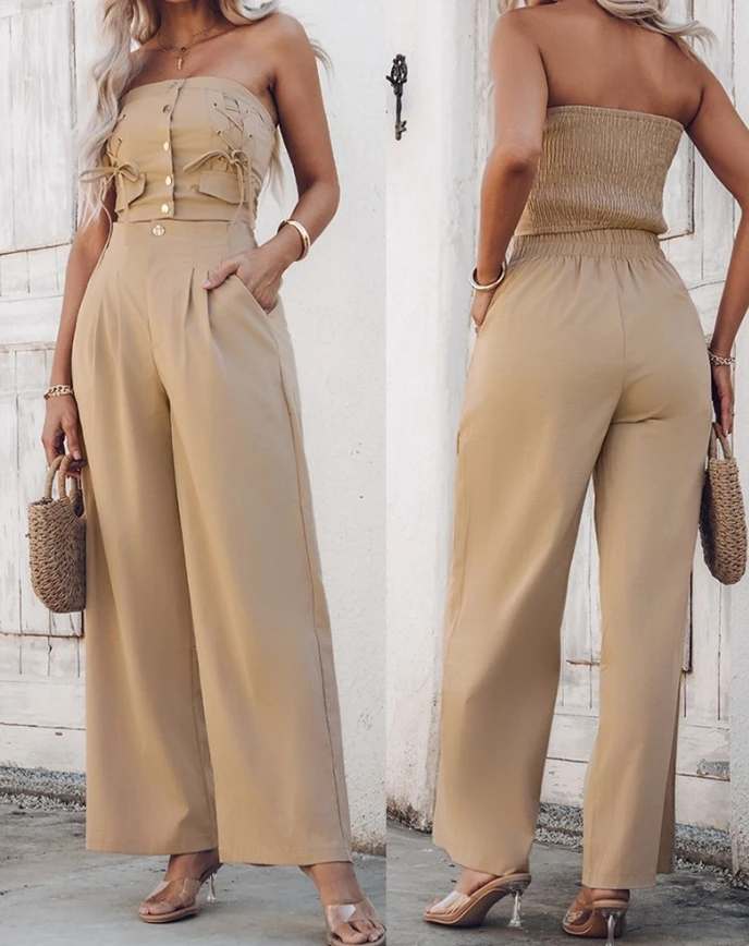 Women's Fashion 2 Piece Bandeau Sleeveless Shirred Tied Detail Front Button Top High Waist Wide Leg Pants Elegant Pants Set