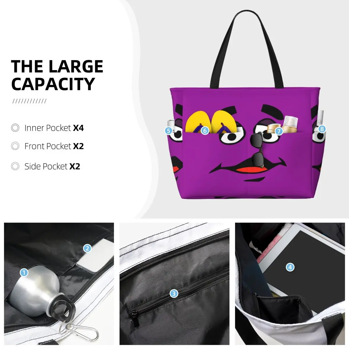 Grimace Cartoon Design Borsa da spiaggia Tote Bag Sport Palestra Yoga Borsone Borsa grande da donna Borsa da viaggio Borsa da fitness