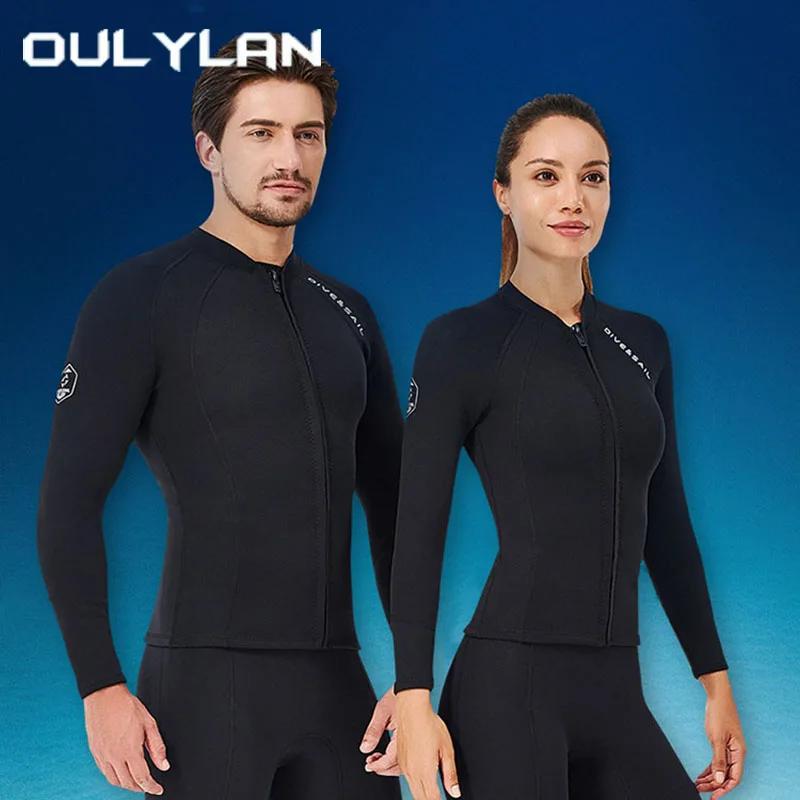 Oulylan الرجال طويلة الأكمام الغوص سترة 2 مللي متر النيوبرين الباردة واقية ملابس السباحة الدفء لباس سباحة النساء سستة سليم تصفح القمم