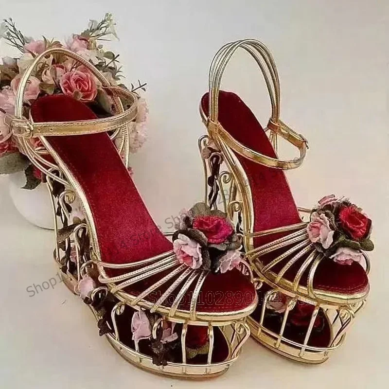 Sandalias de plataforma huecas con tacón de jaula de pájaros dorados con decoración de flores, Zapatos de Mujer con correa y hebilla en el tobillo, Zapatos de moda Para banquete 2025