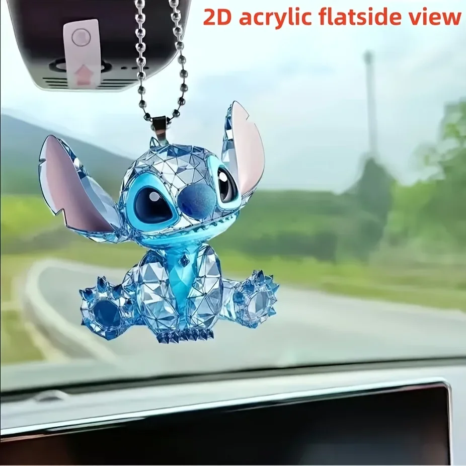 Disney 2D Flat,Stitch anime merchandise ， Acrylic Keychain, pink,blue color ，Car ornaments, decorations, portable men's key view 4