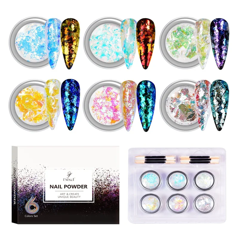 

FSIXCL 6 Colors Set Reflective Aurora Opal Flakes Nail Art Powder Manicure Design Decoration DIY Material Chunky Glitter