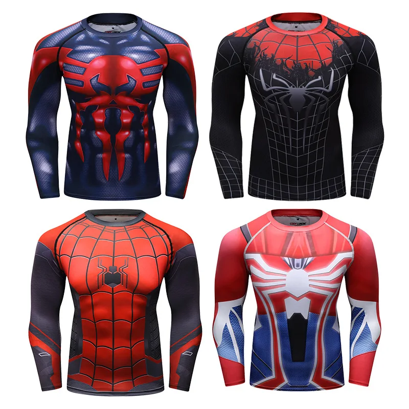 Men\'s 3D Spider Print Training Bodysuit Outdoor Sports Long Sleeved Shirt Street Casual Quick Drying Sweat Wicking Fashion Shirt