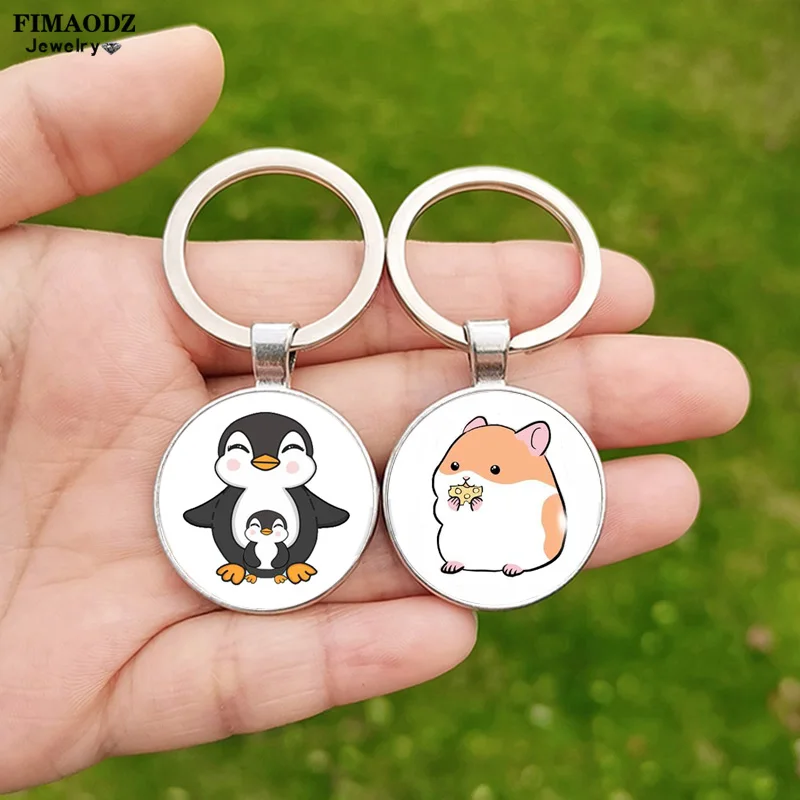 Cartoon Guinea Pig Penguin Keychain Elephant Animal Glass Cabochon Pendant Key Ring Animal Jewelry for Men Women Children