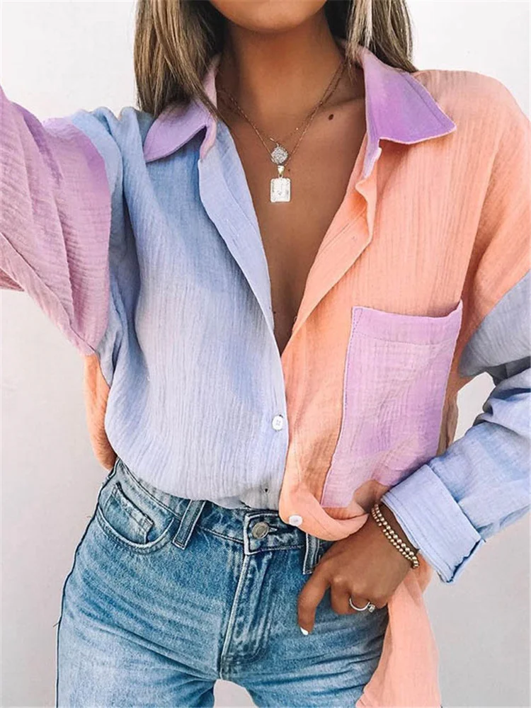 Vrouw Zoete Roze Patchwork Katoenen Shirts 2022 Lente Casual Vrouwelijke Losse Lange Mouwen Dames Chic Oversized Button Tops