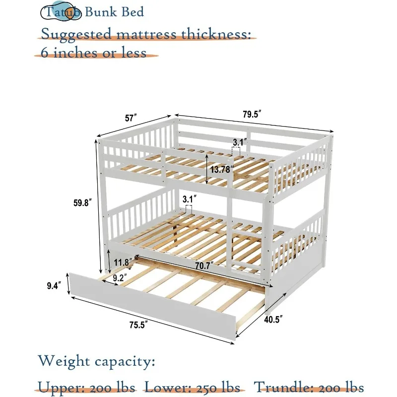 Full Over Full Bunk Bed with Trundle, Pine Wood Frame, Ladder and Guard Rails, Solid Bunk Bed with Trundle for Kids