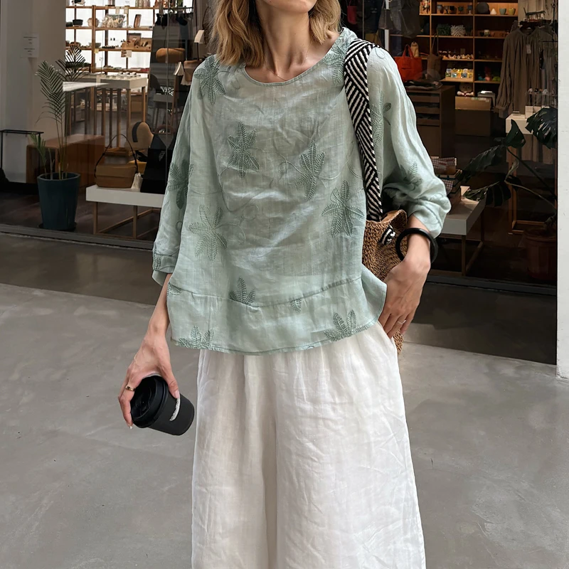 

Spring Summer New Women's Retro High-End Satin Slimming Embroidered Pure Flax irt Hanfu Loose Fit Breathable Thin Cotton