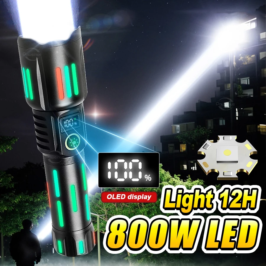 800W High Power White Laser Flashlight with Luminous Strips 3500 Meter Long-Range TYPE-C USB Rechargeable Zoomable Camping Lamp