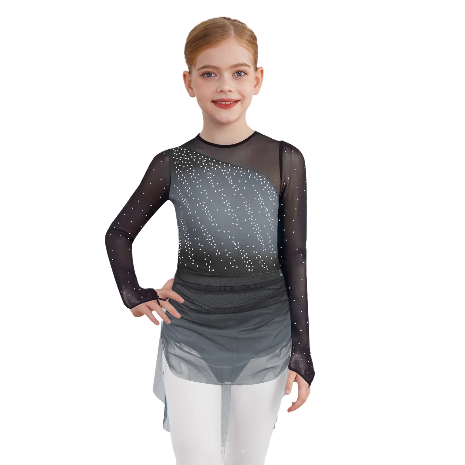 

Kids Girls Lyrical Figure Skating Dance Costume Long Sleeves Rhinestones Gradient Dress for Modern Waltz Ballroom Dance Wear