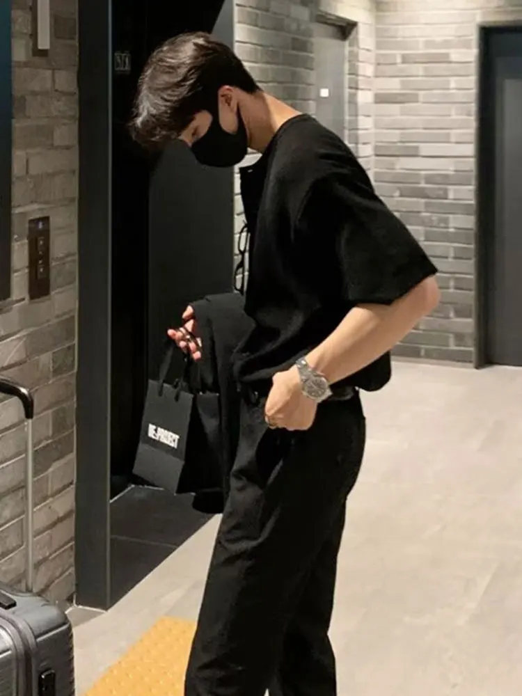 

Korean Sle Ice Silk ort Sve Knitted Cardigan Men's Summer Casual round Ne High Street Faion Top f Sve T-irt
