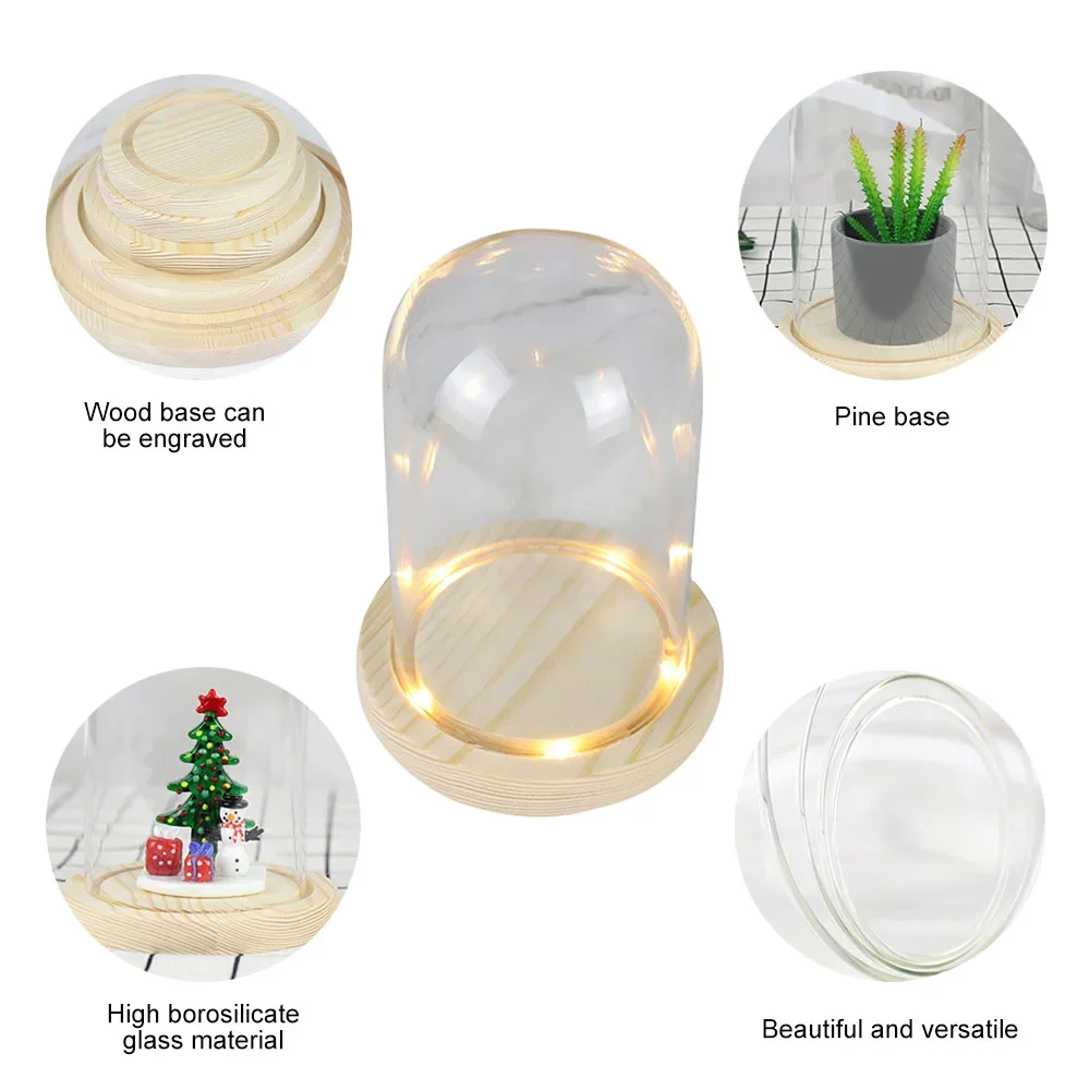 Image 3: Dôme en verre Base en bois avec lumière LED, cadeau d'anniversaire, décor de chambre à coucher, couverture en verre, Vase de paysage, conteneur de Terrarium, porte-fleurs